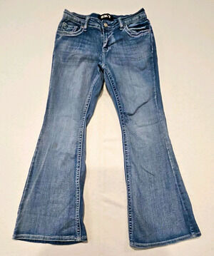 Sky Women's Blue Med Wash Bootcut Stretch Jeans Skull Embroidered Pockets 9/10